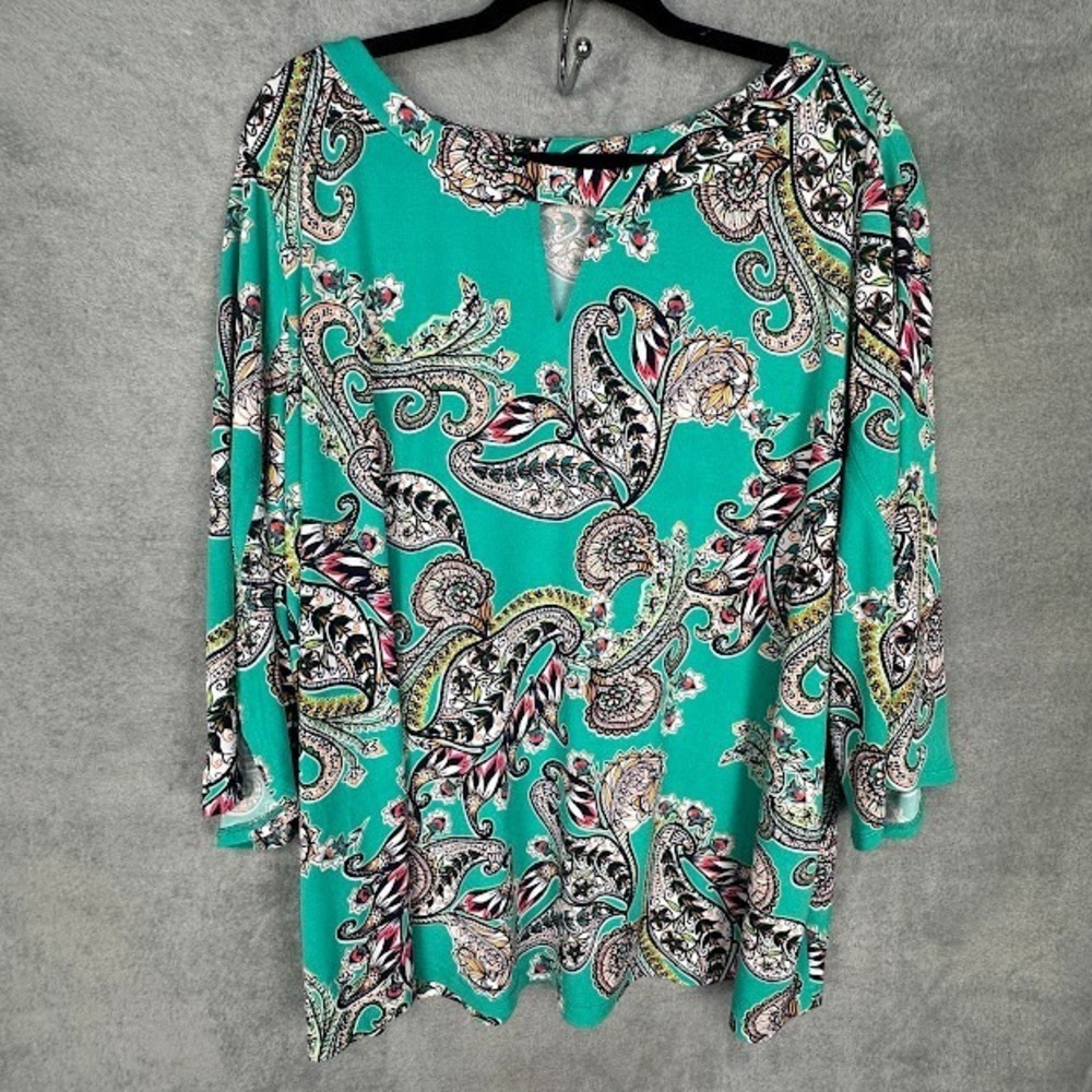 Susan Graver Top Women 3X Green Paisley 3/4 Length Sleeve Keyhole Stretch Career